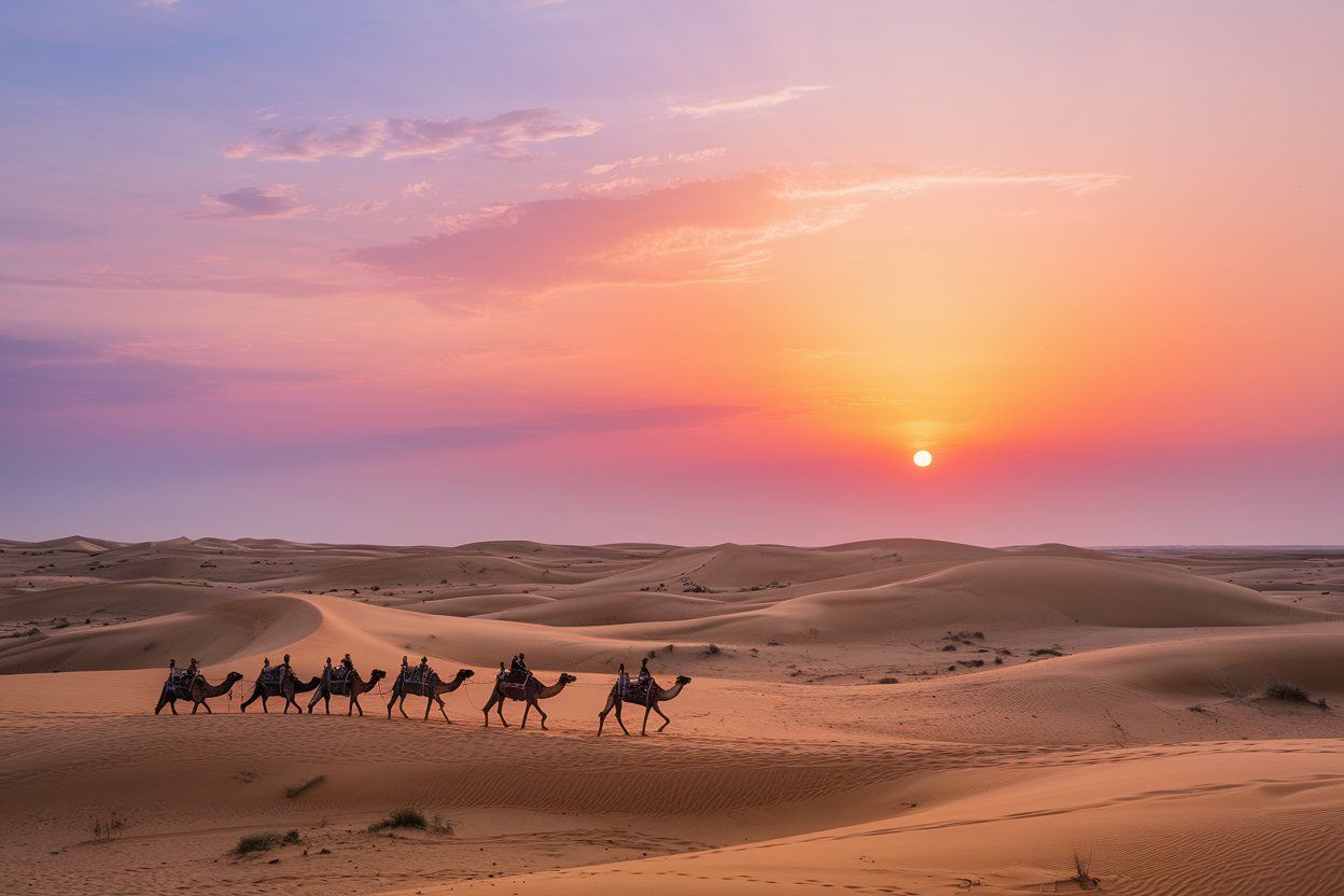 A stunning sunset casts a golden hue over the sand dunes of Abu Dhabi, with a camel caravan silhouetted against the vibrant sky.